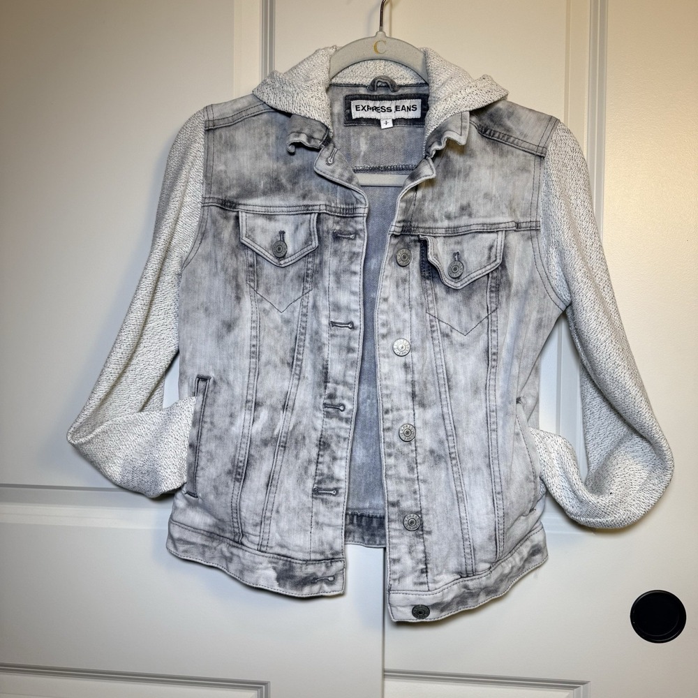 Express Acid-Washed Hooded Distressed Denim Jacket Knit Sleeves Y2K Steampunk